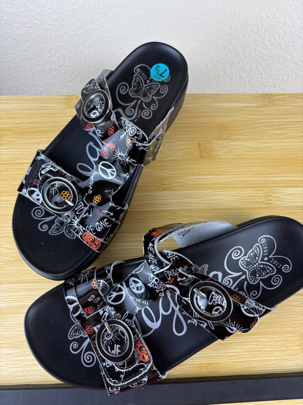 Alegria Vita Peace & Love T Strap Slide Sandals Leather Upper Size 38/8‎